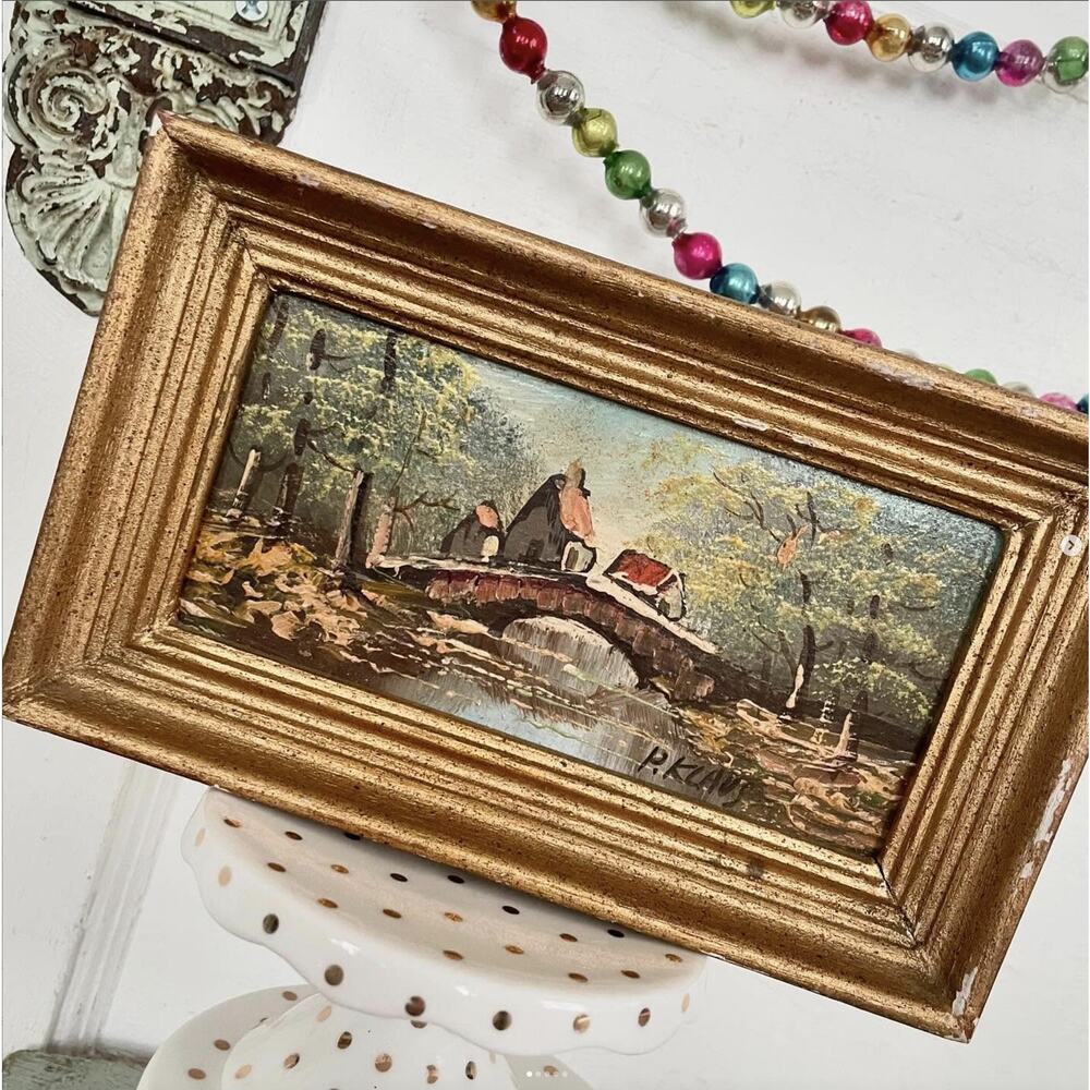 Vintage Miniature Oil Painting Scenic Bridge Board Signed Klaus Framed No Glass